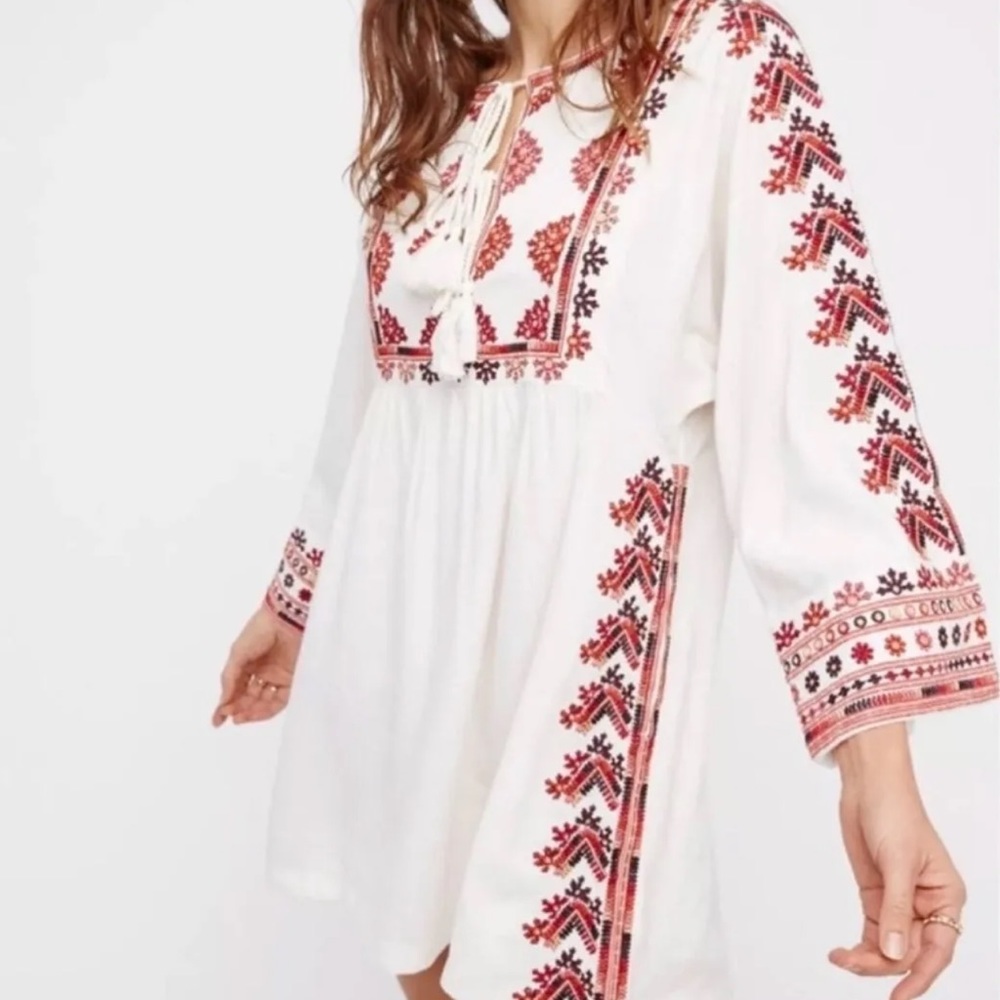 Free People White and Red Embroidered Mini Dress